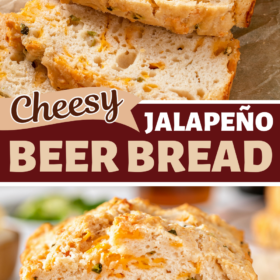 Cheesy jalapeno beer bread sliced into slices on parchment paper.