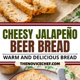 Two slices of cheesy jalapeno beer bread on a plate with butter on top.