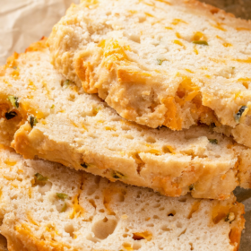 Beer bread with cheese and jalapenos sliced into slices.