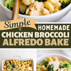 Chicken Broccoli Alfredo Bake in a casserole dish and a serving in a bowl with a fork.
