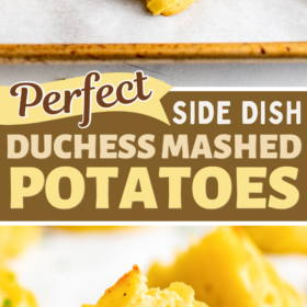 Duchess potatoes on a baking sheet and one cut in half to show the inside.