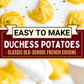 Duchess potatoes on a cookie sheet and being topped with sour cream.