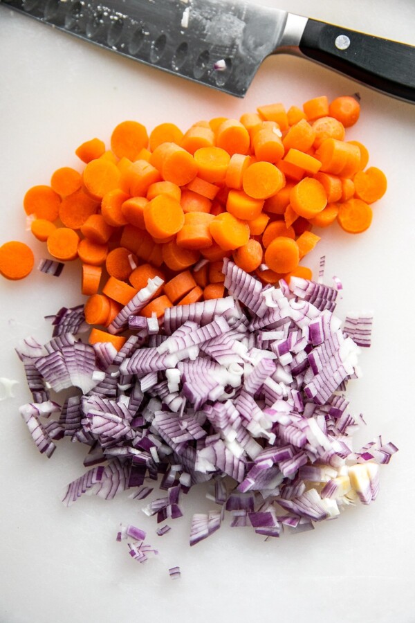 Chopped onion and diced carrot.