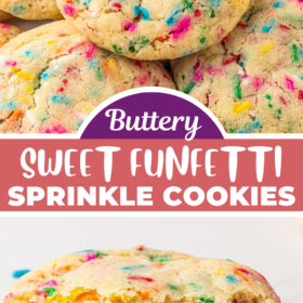 Funfetti sugar cookies stacked on top of each other and a cookie broken in half to see the inside.