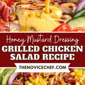 Grilled chicken salad with honey mustard dressing being poured over the salad.