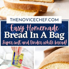 Yeast being poured into a bag and homemade bread sliced into pieces.