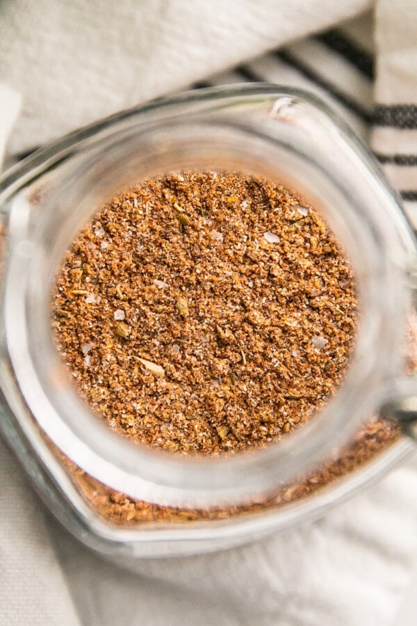 Close-up overhead shot of spices in a jar.