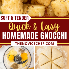 Step by step making homemade gnocchi and gnocchi in a brown butter sauce in a skillet.