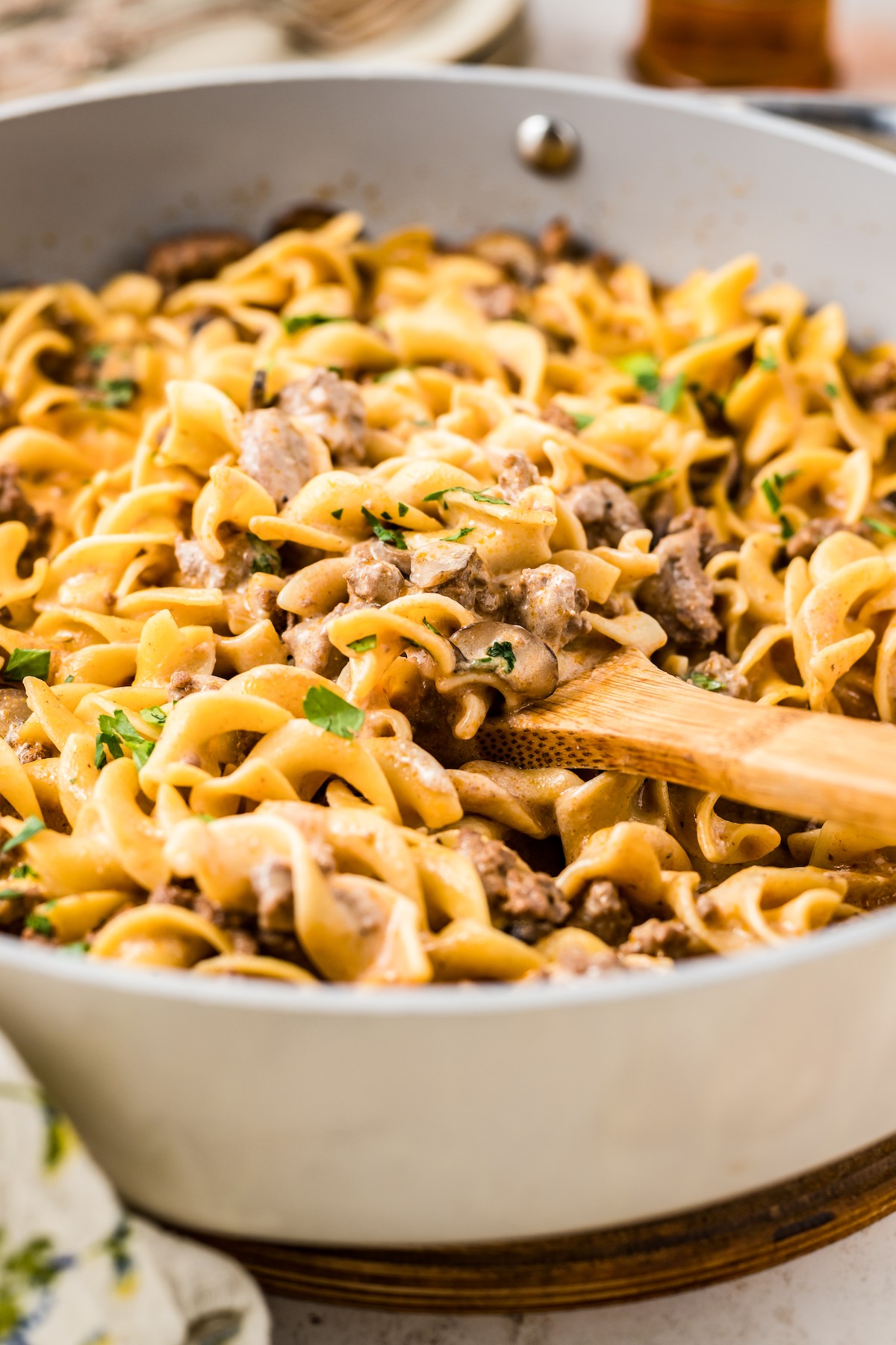 Homemade hamburger helper in a skillet.