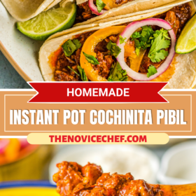 Instant Pot Cochinita Pibil being served on a wooden spoon and Cochinita Pibil tacos on a serving platter.