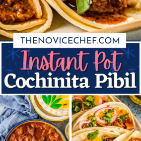 Cochinita Pibil in a serving bowl and placed in tacos on a platter for serving.