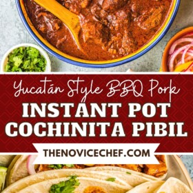 A bowl of Instant Pot Cochinita Pibil and tacos on a platter.