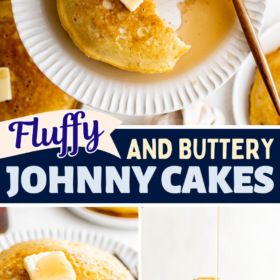 Johnny cakes on a plate covered in butter and syrup and a stack of hoe cakes with maple syrup being poured on top.