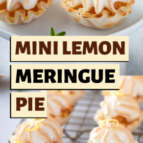 Mini Lemon Meringue Pies on a cooling rack and on a plate.