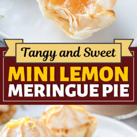 Bite size Lemon Meringue Pies on a plate with fresh lemon rind garnished on top.