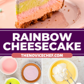 A slice of rainbow cheesecake and showing the cheesecake being put together in a graham cracker crust.