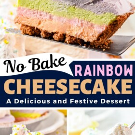 Rainbow cheesecake slice on a plate and a fork taking a bite.