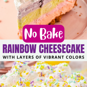 A fork cutting a bite of rainbow no bake cheesecake on a plate.