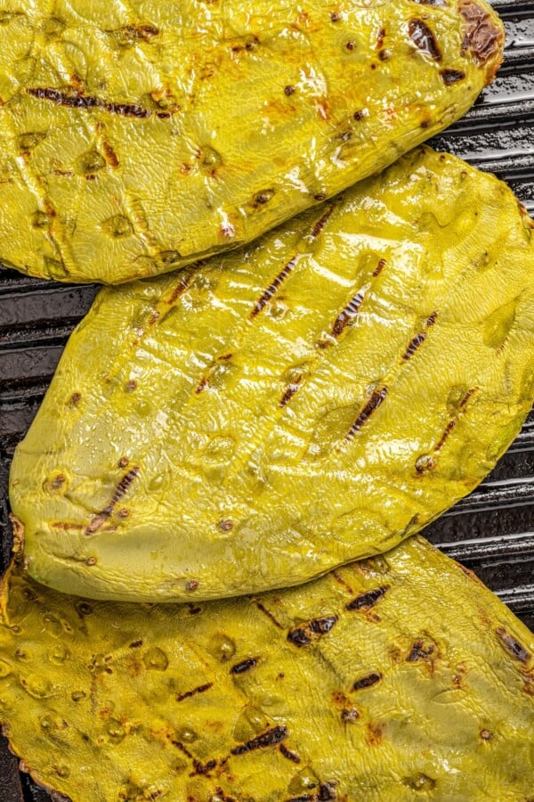 Grilled cactus on a grill pan.