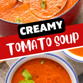 A ladle scooping out a serving of tomato soup and a bowl of panera tomato soup with fresh basil on top.