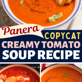 Panera tomato soup being made in a large pot and a bowl of tomato soup with a grilled cheese in it.