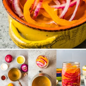 Pickled Onions and Habaneros being made in a sauce pan and poured into a large mason jar.