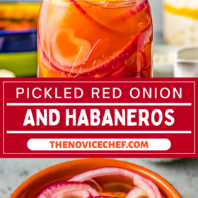 Curtido in a bowl and a jar of pickled red onions and habanero being scooped out with a fork.