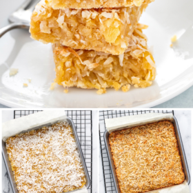 Cookie bars in a baking pan on a cooling rack and pineapple coconut bars cut into squares and stacked on top of each other.