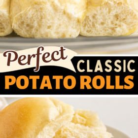 Potato rolls in a baking dish and a potato roll on a plate torn in half.