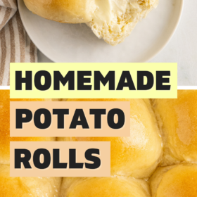 Potato rolls in a baking dish and a potato roll on a plate with butter.