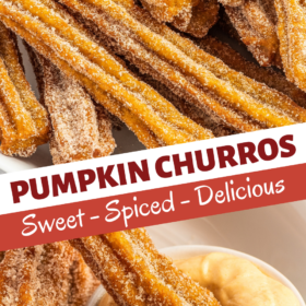 Pumpkin churros on a platter and being dunked in cream cheese dip.