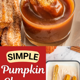 Pumpkin churros being tossed in cinnamon sugar and a churro being dunked in caramel sauce.