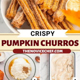 Pumpkin churros being made and tossed in cinnamon sugar and a plate of pumpkin churros.