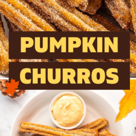 Pumpkin churros on a plate with a bowl of pumpkin cream cheese dip.