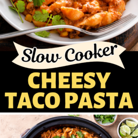 Crock pot taco pasta in a bowl and in a slow cooker topped with cheese and cilantro.