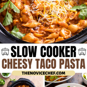 A slow cooker filled with taco pasta and a bowl with taco pasta.