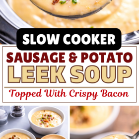 A ladle scooping up a serving of Crock Pot Potato Leek Soup with Sausage and three bowls of soup with bacon on top.
