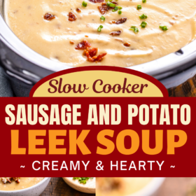 Potato Leek Soup with Sausage in a crockpot, in a bowl and on a spoon.