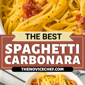 A bowl of Spaghetti Carbonara with freshly grated parmesan on top.