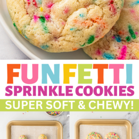 Funfetti sprinkle cookie dough on a baking sheet and cookies stacked on top of each other on a plate.
