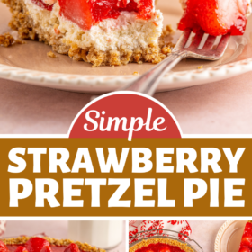 Strawberry pretzel pie on a cooling rack, sliced into pieces and a slice on a plate.