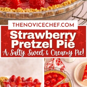 Strawberry pie with a pretzel crust sliced into pieces with a pie server lifting a piece.
