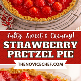 Strawberry pretzel pie sliced to show the center.