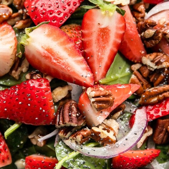 Close-up shot of strawberries in salad.