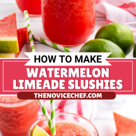 Watermelon slushie in a cup with two straws and a lime wedge.
