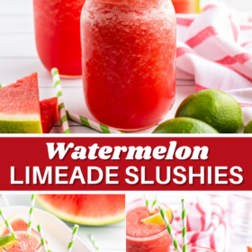 Glasses of watermelon slushies with fresh lime wedges, fresh watermelon wedges and green and white striped straws.