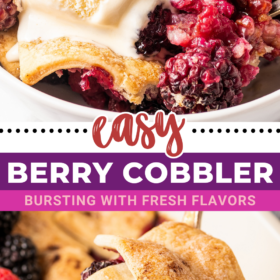 A bowl of berry cobbler with ice cream on top and a serving spoon scooping out a spoonful of cobber.