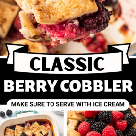 A spoon scooping out a serving of classic berry cobbler and cobbler with fresh berries on top.