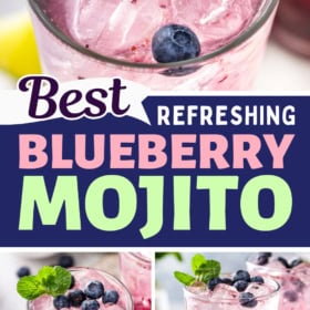 Blueberry and mint mojitos in glasses with fresh blueberries on top.