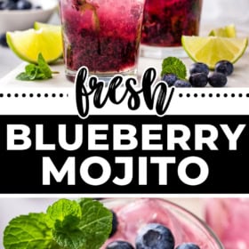 Blueberry mojito in a glass with fresh blueberries on top.